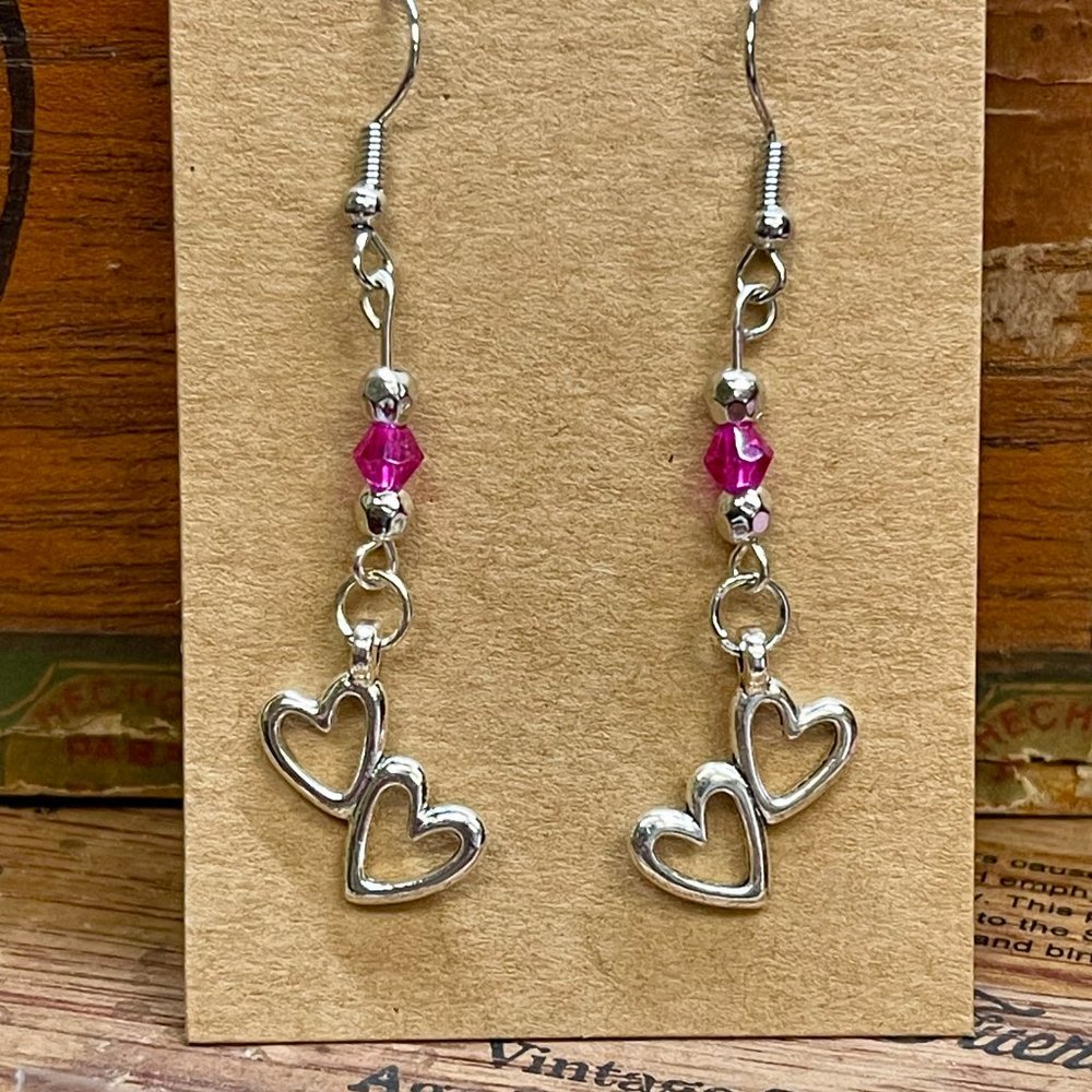 Silver Colored Double Heart Earrings with choice of Colorful Stones. Brand New!